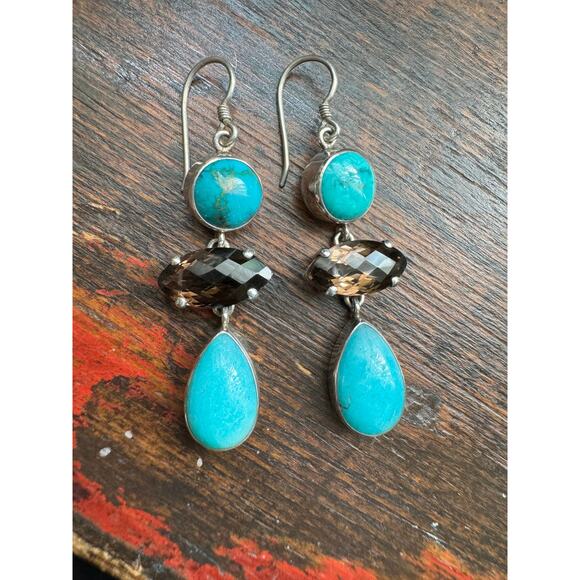 Amazonite AZ Turquoise Smokey Quartz Sterling 925 Earrings - Picture 2 of 5